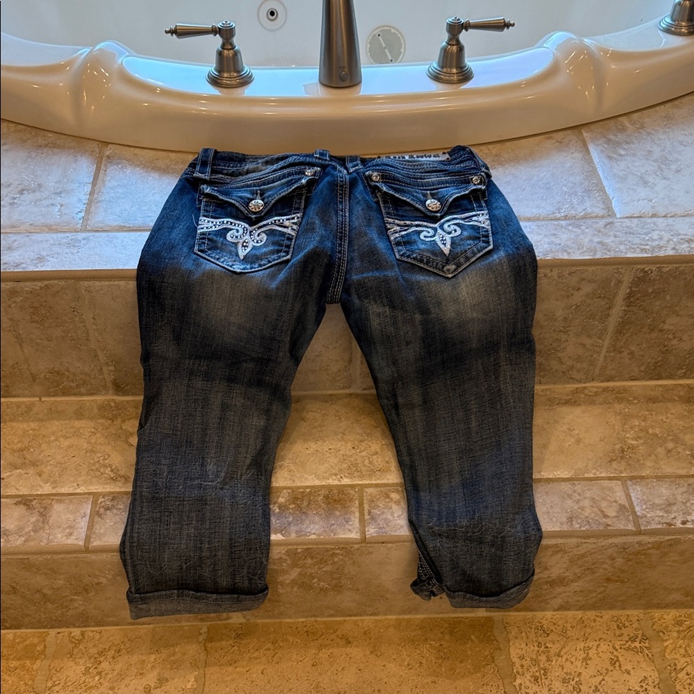 Rock Revival Dark Blue Cropped Jeans with White Embroidery
